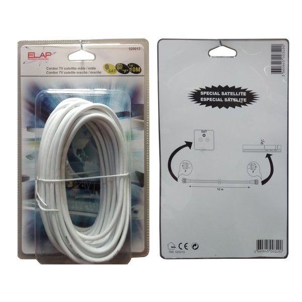 Câble satellite fiche ""F"" mâle / mâle, ELAP, blanc 10 m