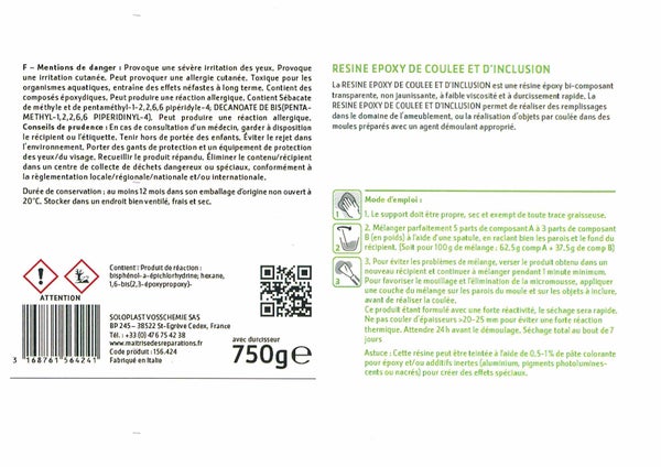 Résine inclusion/coulée avec durcisseur transparent Soloplast 750g