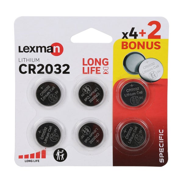 Lot de 4 + 2 piles lithium cr2032 / dl2032, 3 V, LEXMAN