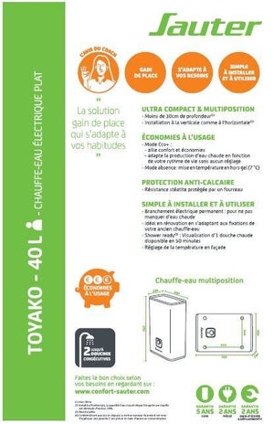Chauffe-eau électrique plat horizontal/vertical SAUTER 40L